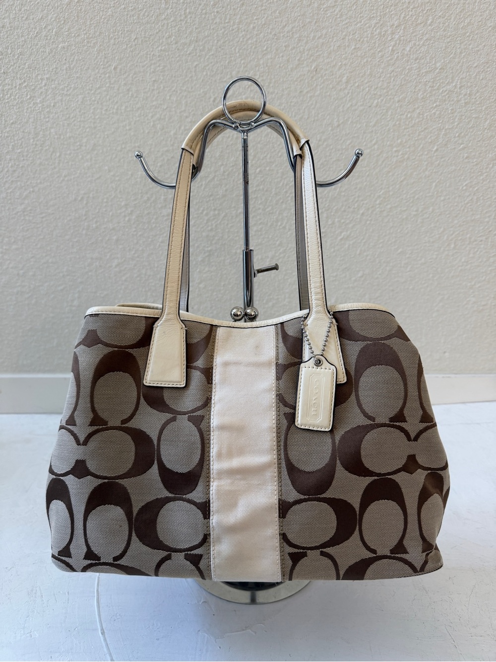COACH SIGNATURE STRIPE FRAMED PURPLE CARRYALL SATCHEL BAG PURSE